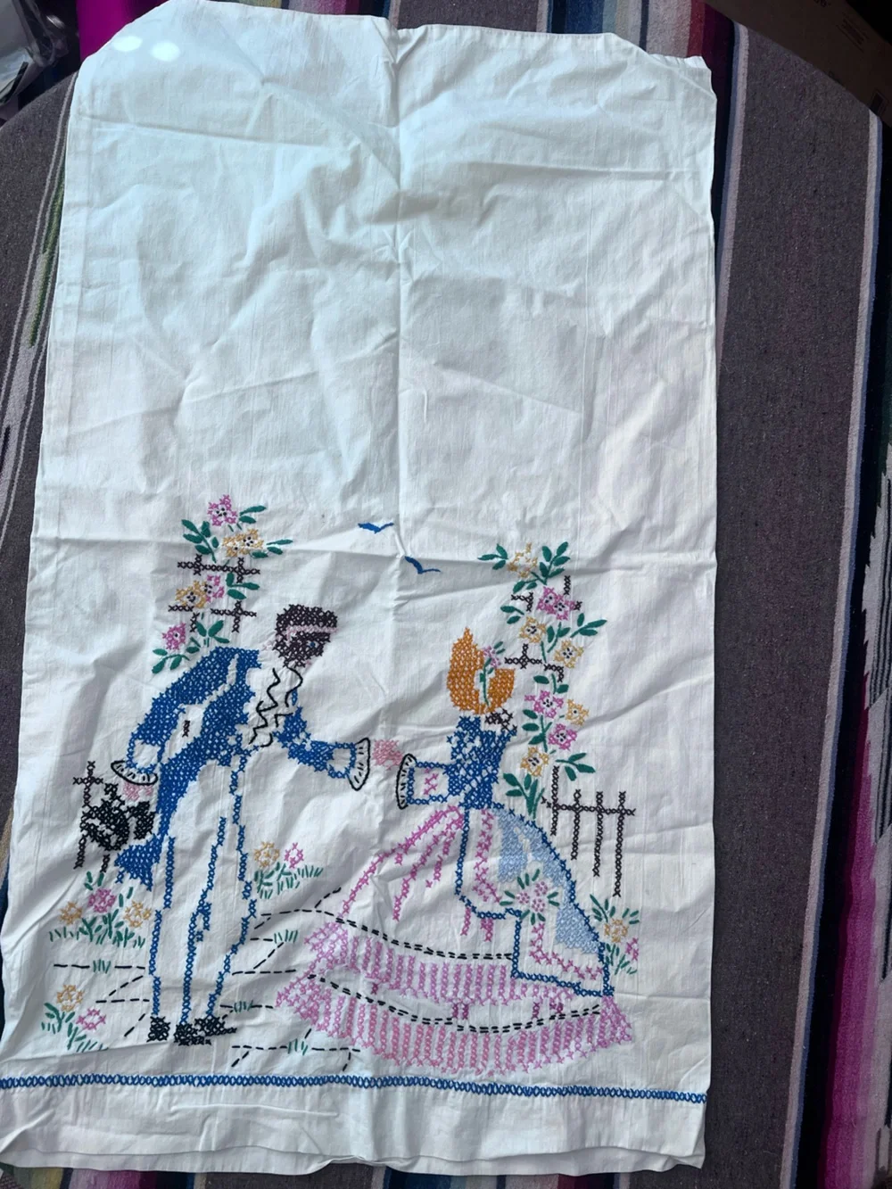 Embroidered Romantic Couple Blue, Pink & Green southern bell pillowcases 2